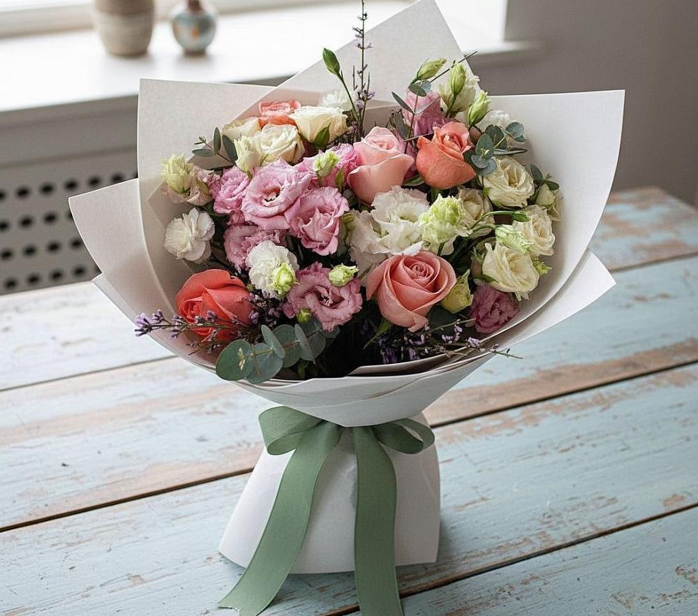 Букет цветов из: Розы, Лизиантусы и Гвоздики в Усово-Тупик