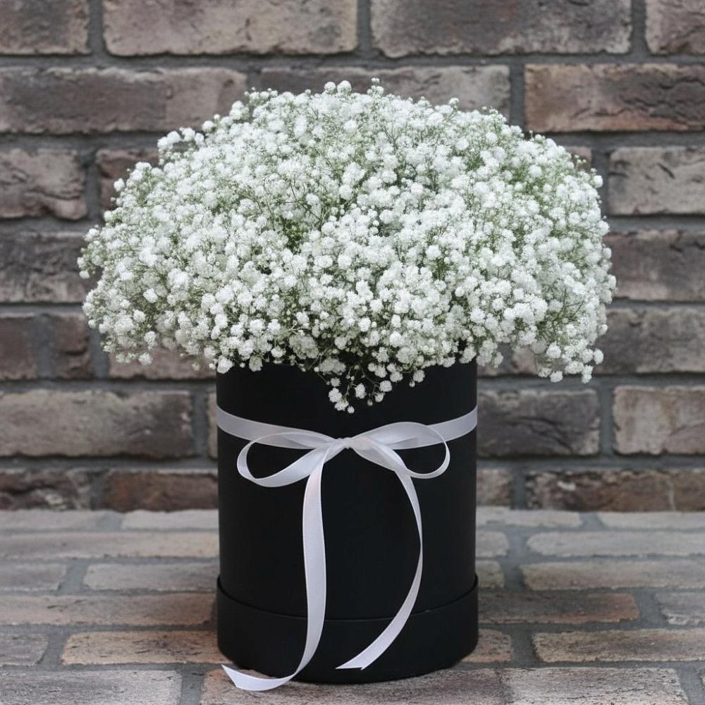 Цветочная композиция из Гипсофила в шляпной коробке в Усово-Тупик