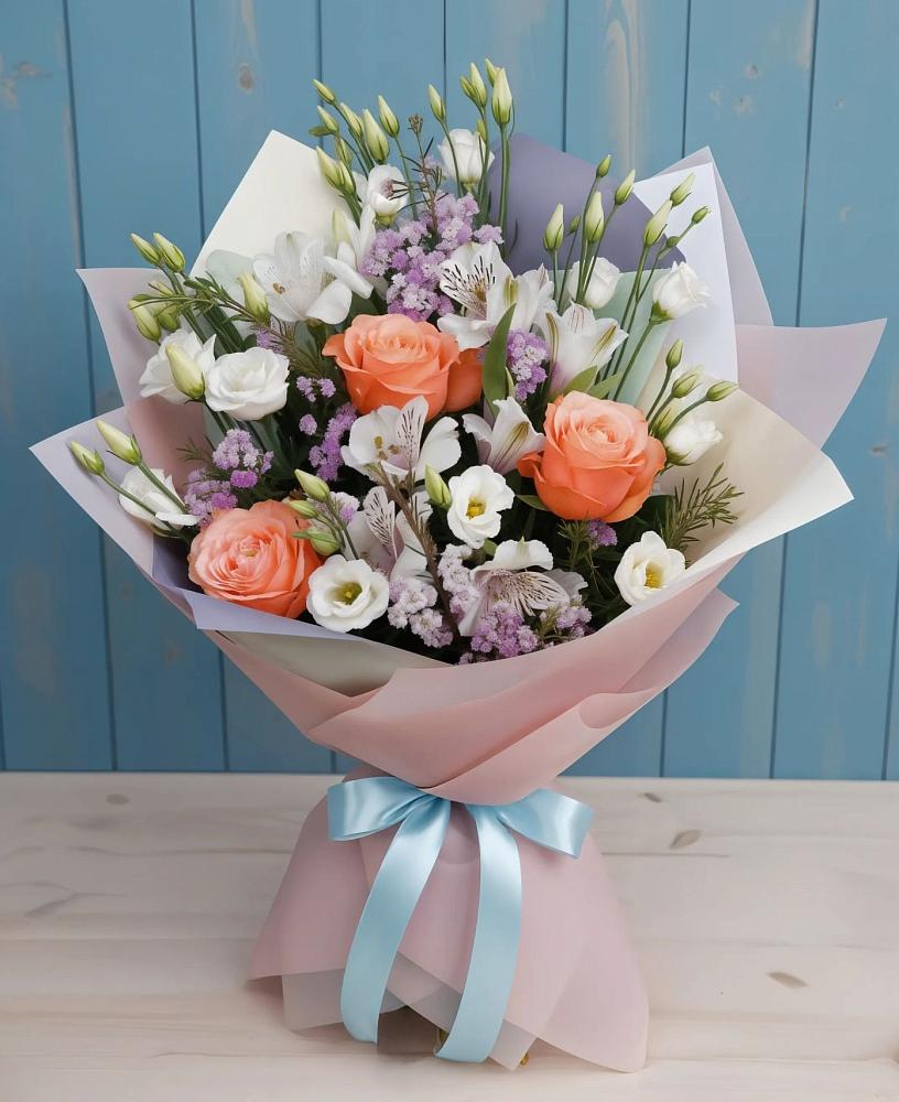 Букет цветов из: Лизиантусы, Розы, Альстромерии и Гипсофила в Усово-Тупик