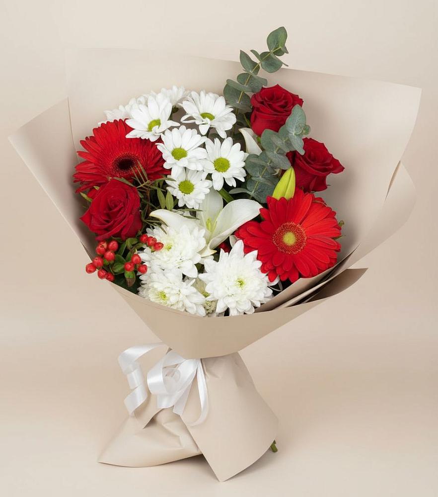 Букет цветов из: Розы, Хризантемы, Герберы и Лилии в Усово-Тупик