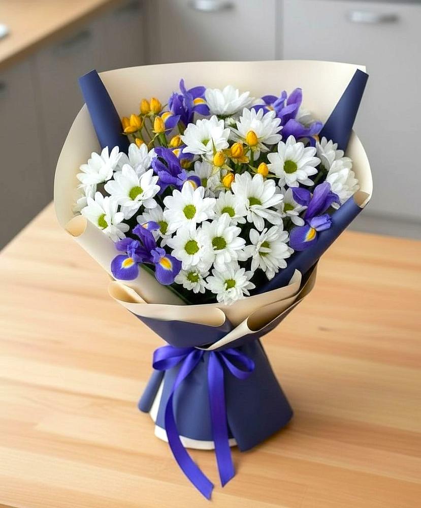 Букет цветов из: Розы, Ирисы и Хризантемы в Усово-Тупик