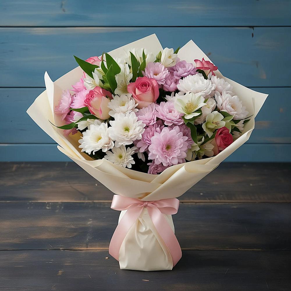 Букет цветов из: Хризантемы, Альстромерии и Розы в Усово-Тупик